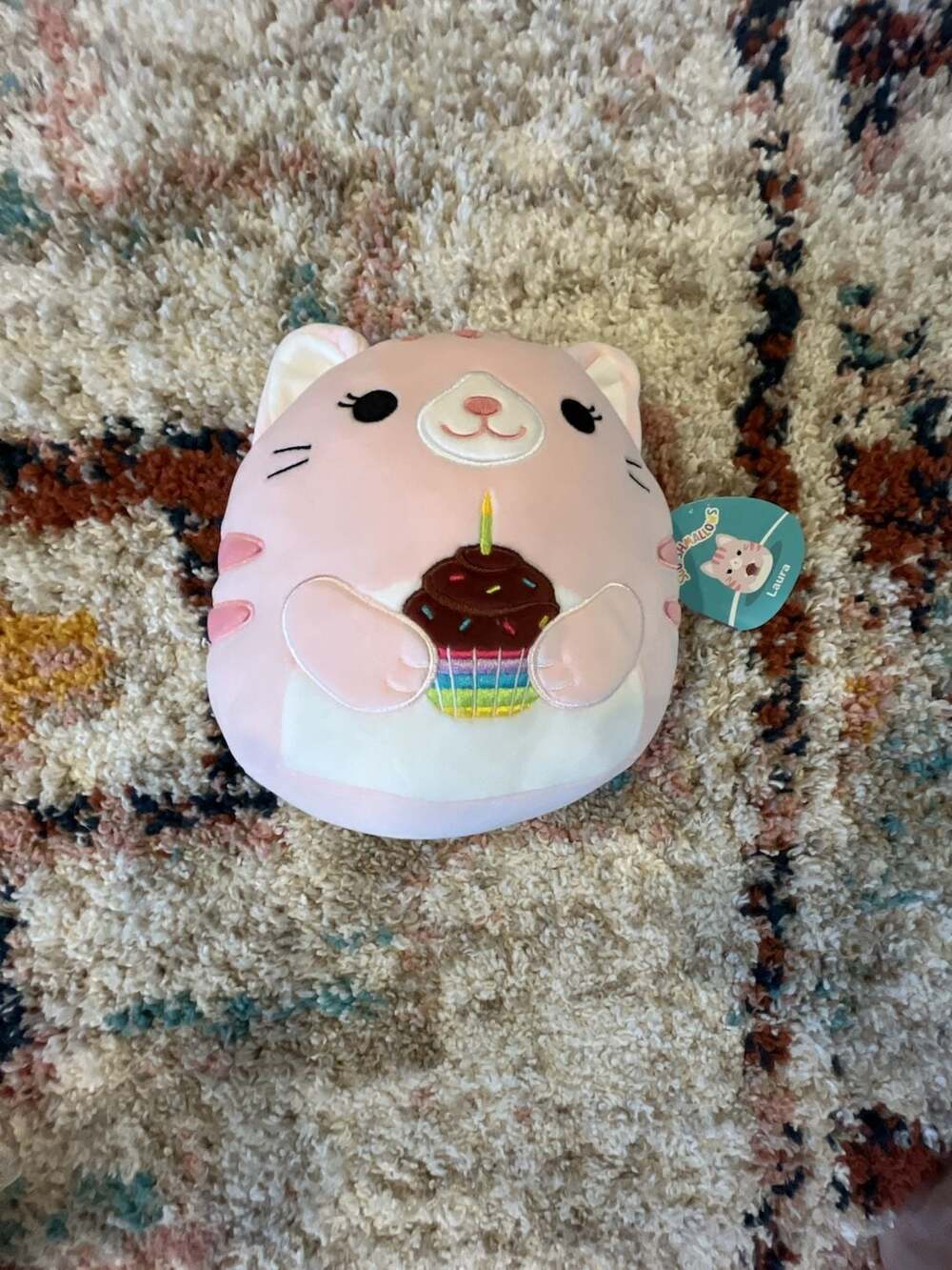 Squishmallows 8-Inch Happy Birthday Squad Laura the Pink Cat Plush